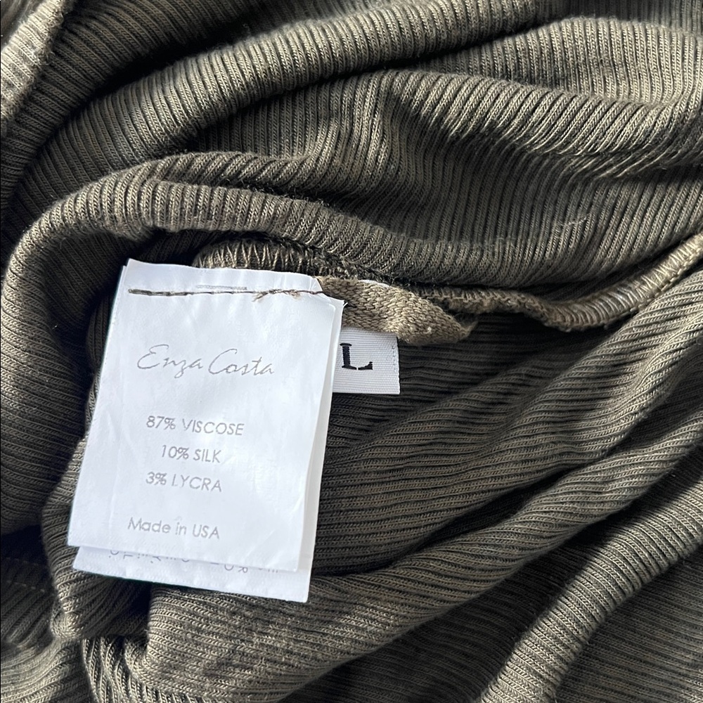 ENZA COSTA Silk Blend Knit Sleeveless Twist Ruched Midi Dress Army Green L $260 - Picture 11 of 11